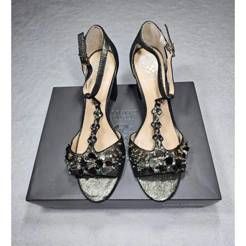 Vince Camuto Serafine Titanium Dazzle Suede Embellished T-Strap Block Heels 10M